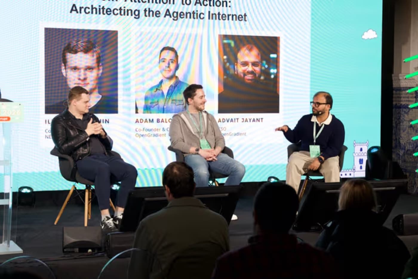 OpenGradient team on stage with Illia Polosukhin at BUIDL Europe 2026, Lisbon